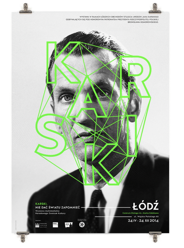 Plakat z grafiką wektorową nałożoną na zdjęcie Karskiego.