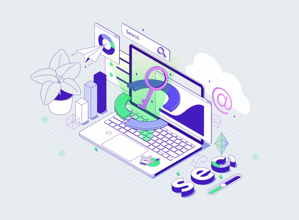 Grafika wektorowa w postaci izometrycznego rzutu na laptop z elememtami digital marketingowymi, które tworzą wrażenie kolażu