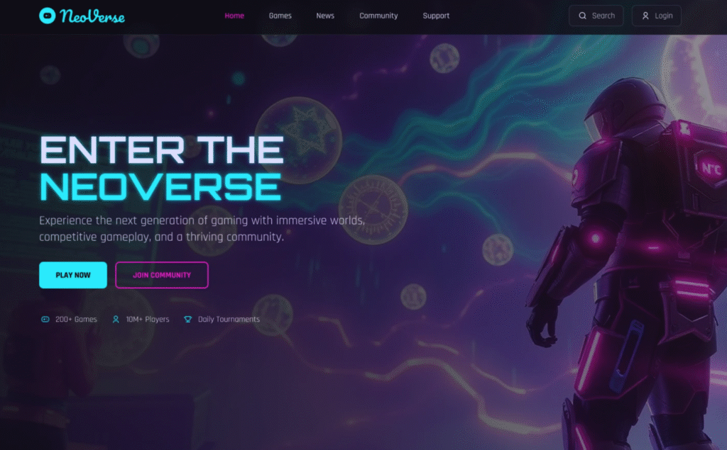 Widok strony internetowej dla społeczności gamerskiej. Strona utrzymana w tonacji neonowych kolorów.