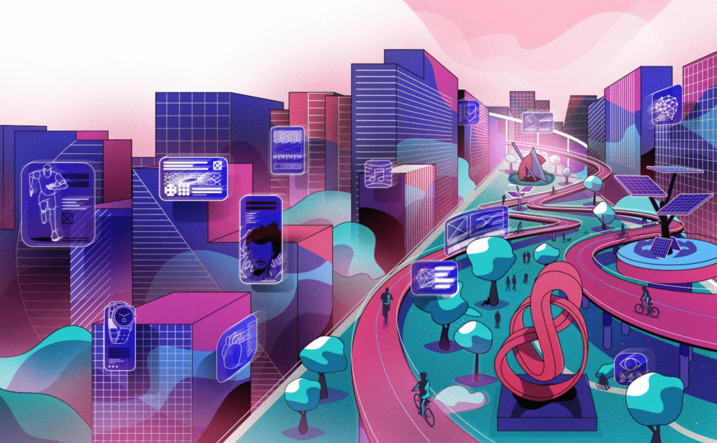 Grafika wektorowa retro futurystycznego miasta