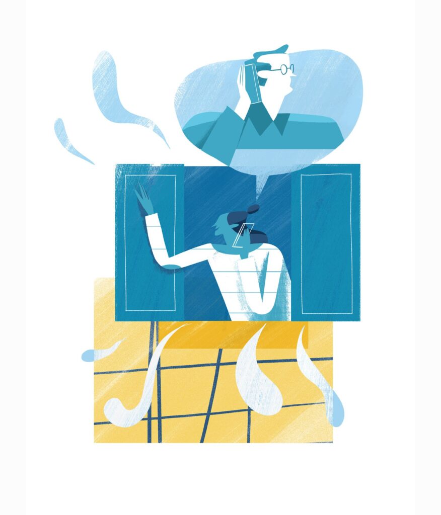 Grafika wektorowa w stylu semi-flat. Płaski design z delikatnymi cieniami. Przedstawia osobę w oknie, która rozmawia przez telefon. Od telefonu w dymku widać rozmówcę, który również trzyma telefon.